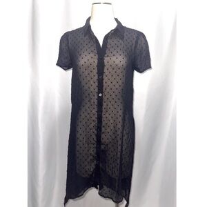 ELLE Sheer Black Button Down Shirt Gothic Preppy Soft Layering Blouse Y2K Size S